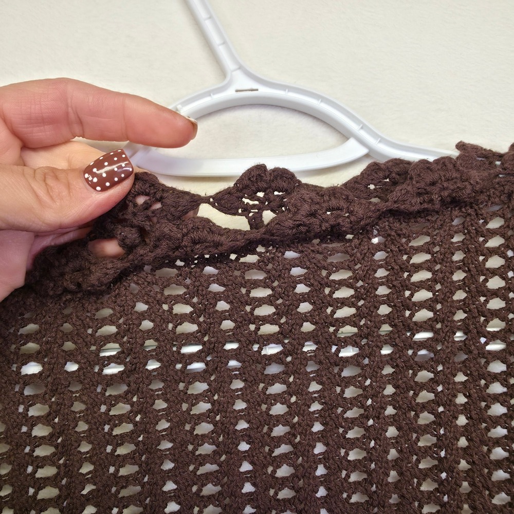 Crochet‎ Knit Cardigan Womens L Brown Open Ruffle Ribbed Layering Lounge Sweater - Picture 11 of 15